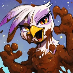 Size: 1024x1024 | Tagged: safe, ai content, derpibooru import, generator:stable diffusion, machine learning generated, gilda, griffon, g4, beak, bust, covered in mud, cute, gildadorable, messy, mud, muddy, open beak, open mouth, portrait, prompter:pzkratzer, solo