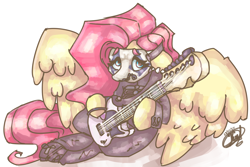 Size: 3600x2400 | Tagged: safe, artist:mannybcadavera, derpibooru import, fluttershy, pegasus, pony, g4, ears, electric guitar, face paint, female, floppy ears, guitar, high res, hoof hold, large wings, mare, musical instrument, signature, simple background, sitting, slipknot, solo, white background, wings