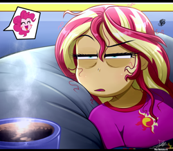 Size: 2334x2034 | Tagged: safe, artist:the-butch-x, derpibooru import, pinkie pie, sunset shimmer, human, equestria girls, g4, 2d, annoyed, arms, blanket, breasts, bust, clothes, coffee, coffee cup, collar, cup, curly hair, equestria girls-ified meme, excited, eyebrows, eyes closed, female, happy, indoors, inset, lidded eyes, limmy waking up, long hair, long sleeves, lying down, messed up hair, narrowed eyes, open mouth, open smile, pajamas, pillow, raised eyebrow, sleepy, smiling, solo focus, squint, teenager, tired, unamused