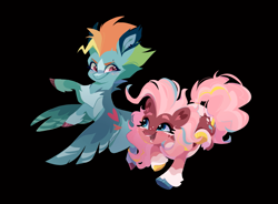 Size: 1471x1080 | Tagged: safe, artist:rr29578979, derpibooru import, pinkie pie, rainbow dash, g4, alternate design, alternate hairstyle, black background, blushing, duo, duo female, ear fluff, ears, eyebrow piercing, eyebrow slit, eyebrows, female, flapping wings, flying, happy, heart, looking at each other, looking at someone, mare, piercing, raised hoof, raised hooves, raised leg, running, simple background, smiling, smiling at each other, smirk, spread wings, wings, wings down
