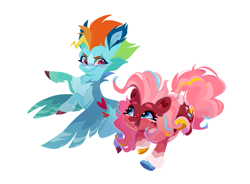 Size: 1471x1080 | Tagged: safe, alternate version, artist:rr29578979, derpibooru import, pinkie pie, rainbow dash, earth pony, pegasus, pony, g4, blushing, duo, duo female, eyebrow slit, eyebrows, female, flapping wings, heart, heart eyes, looking at each other, looking at someone, mare, open mouth, open smile, simple background, smiling, smiling at each other, smirk, white background, wingding eyes, wings
