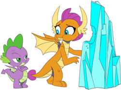 Size: 3750x2793 | Tagged: safe, artist:nauyaco, artist:rated-r-ponystar, color edit, derpibooru import, edit, smolder, spike, dragon, g4, colored, crystal, duo, duo male and female, female, male, simple, simple background, white background, winged spike, wings