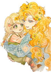 Size: 2061x2891 | Tagged: safe, artist:guotanbiantai, derpibooru import, applejack, pear butter, human, g4, braid, braided ponytail, clothes, cute, cutie mark on clothes, duo, female, flower, flower in hair, hug, humanized, mother and child, mother and daughter, parent and child, ponytail, simple background, traditional art, watercolor painting, white background, younger