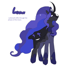 Size: 930x844 | Tagged: safe, artist:084392, derpibooru import, princess luna, alicorn, pony, g4, alternate design, coat markings, colored sclera, crown, curved horn, facial markings, female, horn, jewelry, mare, peytral, regalia, simple background, slit eyes, smiling, solo, star (coat marking), text, white background
