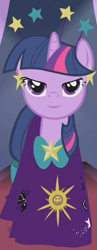 Size: 250x645 | Tagged: safe, derpibooru import, edit, edited screencap, editor:twilyisbestpone, screencap, twilight sparkle, unicorn twilight, pony, unicorn, g4, season 1, suited for success, bow, clothes, constellation, constellation dress, dress, ear piercing, earring, female, headband, horn, inverted mouth, jewelry, lidded eyes, mare, piercing, smiling, solo, tail, tail bow