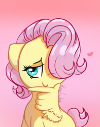 Size: 919x1165 | Tagged: safe, artist:flutterbug18, derpibooru import, fluttershy, pegasus, pony, alternate hairstyle, cute, ears, female, floppy ears, gradient background, hair over one eye, heart, lidded eyes, mare, short mane, shyabetes, smiling, solo, wing hands, wings