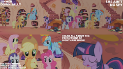 Size: 2000x1125 | Tagged: safe, derpibooru import, edit, edited screencap, editor:quoterific, screencap, applejack, fluttershy, pinkie pie, rainbow dash, rarity, twilight sparkle, unicorn twilight, unicorn, friendship is magic, g4, book, golden oaks library, ladder, mane six