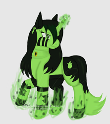 Size: 800x900 | Tagged: safe, artist:berserkeroo, derpibooru import, pony, unicorn, female, glowing, glowing horn, horn, kim possible, magic, magic aura, mare, ponified, raised hoof, raised leg, shego, simple background, smiling, solo, species swap, white background