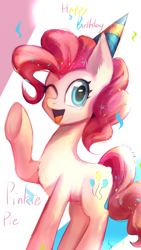 Size: 1080x1920 | Tagged: safe, artist:unclechai, derpibooru import, pinkie pie, birthday, cute, hat, party hat, raised hoof, raised leg, simple background