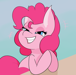 Size: 2428x2404 | Tagged: safe, artist:tkshoelace, derpibooru import, pinkie pie, earth pony, pony, g4, grin, hooves together, simple background, smiling, solo