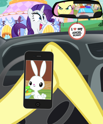 Size: 850x1024 | Tagged: safe, artist:anonymous, derpibooru import, angel bunny, fluttershy, rarity, pony, rabbit, unicorn, g4, air freshener, animal, car, carousel boutique, cellphone, driving, female, horn, iphone, mare, meme, offscreen character, phone, police, police car, ponified, ponified meme, pov, smartphone, vector, vehicle