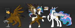 Size: 6905x2567 | Tagged: safe, artist:maximumeevee, derpibooru import, princess celestia, oc, alicorn, griffon, pony, absurd resolution, character to character, cutie mark, griffon oc, griffon to pony, pictogram, rearing, simple background, spread wings, transformation, transformation sequence, wings