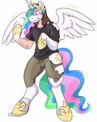 Size: 2000x2500 | Tagged: safe, artist:warlockmaru, derpibooru import, princess celestia, alicorn, human, pony, g4, clothes, frown, high res, human to pony, looking at self, ripping clothes, simple background, species swap, transformation, white background