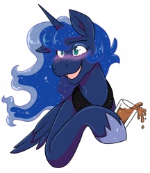 Size: 2360x2732 | Tagged: safe, artist:warlockmaru, derpibooru import, princess luna, alicorn, pony, g4, blushing, bust, drink, drunk, female, glass, high res, hoof hold, mare, one ear down, open mouth, simple background, smiling, solo, white background