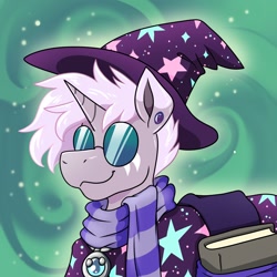 Size: 1500x1500 | Tagged: safe, artist:warlockmaru, derpibooru import, oc, oc only, oc:maru, pony, unicorn, abstract background, bag, book, clothes, ear piercing, glasses, hat, horn, piercing, robe, round glasses, saddle bag, scarf, smiling, solo, striped scarf, wizard, wizard hat