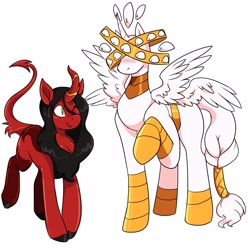 Size: 2500x2500 | Tagged: safe, artist:warlockmaru, derpibooru import, alicorn, angel, demon, demon pony, kirin, pony, seraph, seraphicorn, biblically accurate angels, blushing, duo, high res, jewelry, lilli (monsters and girls), looking at each other, looking at someone, monsters and girls, multiple eyes, multiple wings, one eye closed, ponified, raised hoof, raised leg, sera (monsters and girls), shipping, simple background, smiling, species swap, tail, tail wrap, webtoon, white background, wink
