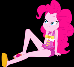Size: 1603x1471 | Tagged: artist needed, source needed, safe, color edit, derpibooru import, edit, pinkie pie, equestria girls, g4, bare shoulders, black background, clothes, colored, one-piece swimsuit, pinkie pie swimsuit, simple background, sleeveless, solo, swimsuit