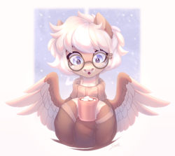 Size: 2244x2000 | Tagged: safe, artist:sparkling_light, derpibooru import, oc, pegasus, pony, chocolate, food, glasses, hot chocolate, solo, spread wings, wings
