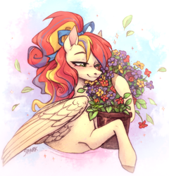Size: 1010x1052 | Tagged: safe, artist:sparkling_light, derpibooru import, oc, oc only, pegasus, pony, abstract background, female, flower, flower pot, mare, mixed media, one eye closed, pegasus oc, solo