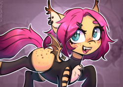 Size: 1415x1000 | Tagged: safe, artist:sparkling_light, derpibooru import, oc, oc only, bat pony, chest fluff, collar, ear piercing, earring, female, freckles, human shoulders, jewelry, npn (nightmare pony night), piercing, solo, spiked collar