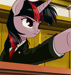 Size: 2100x2200 | Tagged: safe, artist:7411696290, derpibooru import, twilight sparkle, pony, unicorn, ace attorney, clothes, female, horn, mare, objection, solo, suit