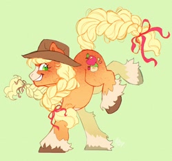 Size: 1024x961 | Tagged: safe, artist:catmintyt, derpibooru import, applejack, earth pony, pony, g4, alternate design, applejack's hat, braid, braided tail, clothes, cowboy hat, green background, grin, hat, simple background, smiling, solo, tail, unshorn fetlocks