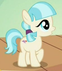 Size: 363x415 | Tagged: safe, derpibooru import, edit, edited screencap, screencap, coco pommel, earth pony, pony, g4, made in manehattan, cocobetes, cropped, cute, female, filly, filly coco pommel, foal, solo, upscaled, younger