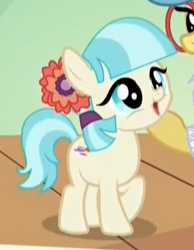 Size: 327x421 | Tagged: safe, derpibooru import, edit, edited screencap, screencap, charity kindheart, coco pommel, earth pony, pony, g4, made in manehattan, cocobetes, cute, female, filly, flower, flower in hair, foal, upscaled, younger