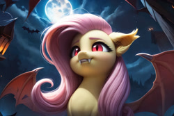 Size: 1280x854 | Tagged: safe, ai content, derpibooru import, machine learning generated, fluttershy, bat, bat pony, pony, g4, 3d, bat ponified, bat wings, cloud, deviantart, female, flutterbat, full moon, jpg, mare, moon, night, pink mane, prompter needed, race swap, red eyes, sky, solo, wings, yellow skin