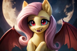 Size: 1280x854 | Tagged: safe, ai content, derpibooru import, machine learning generated, fluttershy, bat pony, pony, bat ponified, cute, deviantart, female, flutterbat, flying, looking at you, looking forward, mare, moon, night, open mouth, pink mane, prompter needed, race swap, red eyes, solo, spread wings, wings, yellow skin