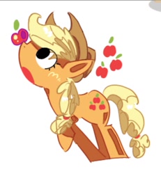 Size: 1245x1350 | Tagged: safe, artist:appledash3r_, derpibooru import, applejack, earth pony, pony, g4, apple, applejack's hat, balancing, balancing on nose, big eyes, blonde, blonde mane, blonde tail, blush scribble, blushing, clothes, colored pinnae, cowboy hat, cute, eye clipping through hair, eyelashes, female, food, freckles, hat, jackabetes, mare, no catchlights, open mouth, ponytail, profile, raised hoof, raised leg, requested art, simple background, solo, standing, tail, tied mane, tied tail, white background, wide eyes