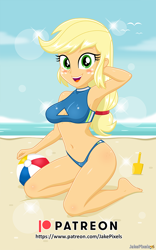 Size: 606x970 | Tagged: safe, artist:jakepixels, derpibooru import, applejack, human, equestria girls, g4, arm behind head, beach, beach ball, belly button, bikini, bikini bottom, blushing, boob window, breasts, clothes, freckles, gumroad, gumroad logo, kneeling, looking at you, open mouth, open smile, patreon, patreon logo, smiling, swimsuit