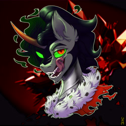 Size: 8000x8000 | Tagged: safe, artist:whatamellon, derpibooru import, king sombra, original species, pony, unicorn, g4, absurd resolution, armor, beard, black mane, blurry background, bust, clothes, colored eyebrows, colored horn, colored pupils, crystal, crystal empire, curved horn, dark coat, dark gray coat, ear fluff, ears, ears up, ethereal mane, facial hair, fanart, fangs, fur, gradient horn, green sclera, helmet, horn, long tongue, male, mantle, metal, open mouth, paint tool sai 2, portrait, red eyes, shading, short mane, sideburns, signature, slit eyes, solo, stallion, teeth, three quarter view, tongue, tongue out, torn clothes, umbra pony, wall of tags