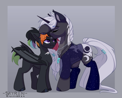 Size: 2500x2000 | Tagged: safe, artist:skyboundsiren, derpibooru import, oc, oc:nacht, oc:penumbra, bat pony, unicorn, commission, forehead kiss, horn, kissing, size difference, smiling, wholesome