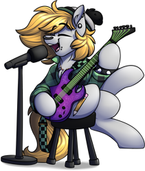 Size: 1544x1829 | Tagged: safe, artist:notetaker, derpibooru import, oc, oc:sketchy shades, pony, electric guitar, guitar, hat, microphone, musical instrument, piercing, sitting, solo, stool