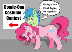 Size: 1240x894 | Tagged: safe, artist:blackcat9119, derpibooru import, pinkie pie, oc, earth pony, pony, g4, blushing, clothes, comic con, convention, costume, dialogue, disguise, earth pony oc, fursuit, impersonating, male, mask, masking, ponysuit, poster, quadsuit, shadow, sign, simple background, skinsuit, smiling, solo, solo male, suit, suit up, thought bubble, unmasked, unnamed oc