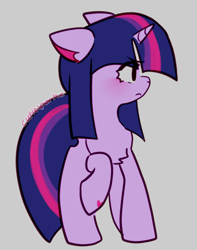 Size: 688x872 | Tagged: safe, artist:cutiesparke, derpibooru import, twilight sparkle, unicorn twilight, pony, unicorn, g4, blushing, chest fluff, ears, female, floppy ears, frown, gray background, hoof heart, lightly watermarked, looking to side, looking to the right, raised hoof, raised leg, simple background, solo, underhoof, watermark