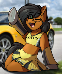 Size: 834x1000 | Tagged: safe, artist:notetaker, derpibooru import, oc, oc only, oc:notetaker, earth pony, semi-anthro, anatomically incorrect, belly, blurry background, cheerleader, cheerleader outfit, clothes, incorrect leg anatomy, lotus (car), lotus elise, real life background, round belly, skirt, solo, waving