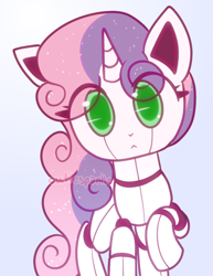 Size: 1020x1322 | Tagged: safe, artist:cutiesparke, derpibooru import, sweetie belle, sweetie bot, pony, robot, robot pony, unicorn, g4, :<, blue background, eye clipping through hair, female, foal, green eyes, horn, lightly watermarked, looking at you, raised hoof, raised leg, simple background, solo, watermark