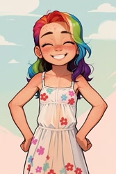 Size: 683x1024 | Tagged: safe, ai content, derpibooru import, machine learning generated, twibooru import, rainbow dash, human, blushing, child, clothes, cloud, cute, dashabetes, dress, eyes closed, female, freckles, grin, hand on hip, humanized, prompter needed, sky, smiling, solo, sundress, teeth, younger