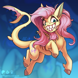 Size: 1600x1600 | Tagged: safe, artist:airfly-pony, derpibooru import, fluttershy, original species, shark, shark pony, collaboration, g4, 2023, bubble, collaboration:bestiary of fluttershy, concave belly, digital art, dorsal fin, fangs, female, fin, fins, fish tail, flowing mane, flowing tail, gills, grin, leg fins, looking at you, mare, ocean, sharkified, sharp teeth, signature, smiling, species swap, swimming, tail, teeth, underwater, water