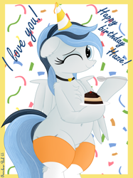 Size: 2776x3708 | Tagged: safe, artist:rainbowšpekgs, derpibooru import, oc, oc only, oc:haze northfleet, pegasus, pony, g4, bipedal, birthday, cake, chest fluff, choker, chubby, clothes, confetti, cute, female, food, happy, hat, mare, one eye closed, party hat, plate, smiling, socks, spread wings, standing, wings