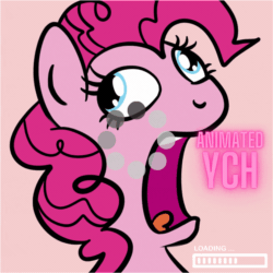 Size: 1080x1080 | Tagged: safe, artist:lannielona, derpibooru import, pinkie pie, earth pony, pony, advertisement, animated, buffering, bust, commission, derp, didney worl, faic, female, freeze frame, gif, loading, loading screen, mare, open mouth, portrait, silly, silly pony, solo, ych example, your character here