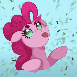 Size: 1200x1200 | Tagged: safe, artist:swasfews, derpibooru import, pinkie pie, queen chrysalis, earth pony, pony, confetti, disguise, disguised changeling, eyeroll, solo, tongue, tongue out