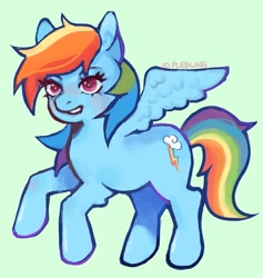Size: 1944x2048 | Tagged: safe, artist:plebliung, derpibooru import, rainbow dash, pegasus, pony, g4, blue coat, eyelashes, female, green background, mare, multicolored mane, multicolored tail, pose, purple eyes, rearing, signature, simple background, smiling, solo, spread wings, tail, wings