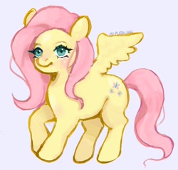 Size: 2048x1960 | Tagged: safe, artist:plebliung, derpibooru import, fluttershy, pegasus, pony, g4, female, flowing mane, flowing tail, green eyes, mare, pink background, pink mane, pose, raised leg, signature, simple background, smiling, solo, spread wings, tail, wings, yellow coat