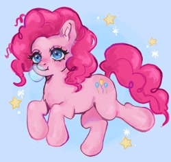 Size: 2048x1934 | Tagged: safe, artist:plebliung, derpibooru import, pinkie pie, earth pony, pony, g4, blowing bubbles, blue background, curly hair, curly mane, curly tail, female, jumping, mare, pink coat, pink mane, pose, signature, simple background, smiling, solo, spread hooves, stars, tail