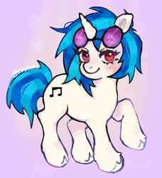 Size: 1866x2048 | Tagged: safe, artist:plebliung, derpibooru import, dj pon-3, vinyl scratch, pony, unicorn, g4, female, glasses, glowing, horn, looking at you, mare, pink background, pose, raised leg, red eyes, signature, simple background, smiling, smiling at you, solo, tail, two toned mane, two toned tail, unshorn fetlocks, vinyl's glasses