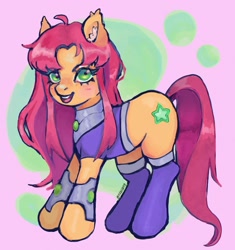 Size: 1926x2048 | Tagged: safe, artist:plebliung, derpibooru import, pony, armor, armored pony, bracelet, crossover, dc comics, ear fluff, ears, female, flowing mane, flowing tail, green eyes, jewelry, looking at you, mare, necklace, orange coat, pink background, ponified, red mane, red tail, simple background, smiling, smiling at you, species swap, starfire, superhero, superhero costume, tail, teen titans