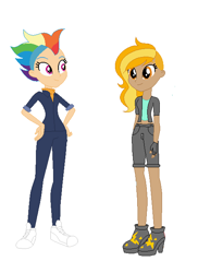 Size: 502x690 | Tagged: safe, artist:frankta1, artist:selenaede, derpibooru import, lightning dust, rainbow dash, human, alternate hairstyle, base used, boots, clothes, dark skin, duo, duo female, female, fingerless gloves, gloves, high heel boots, humanized, jacket, lesbian, midriff, mowhawk, older, older rainbow dash, rainbowdust, shipping, shoes, shorts, simple background, sneakers, tanktop, white background